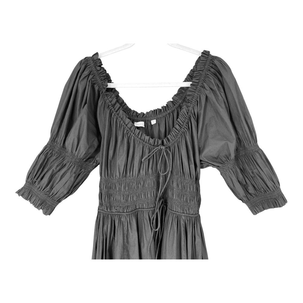 Doen Ischia Dress Black Organic Cotton Viscose Smocked Puff Sleeve Midi XL - Picture 4 of 16